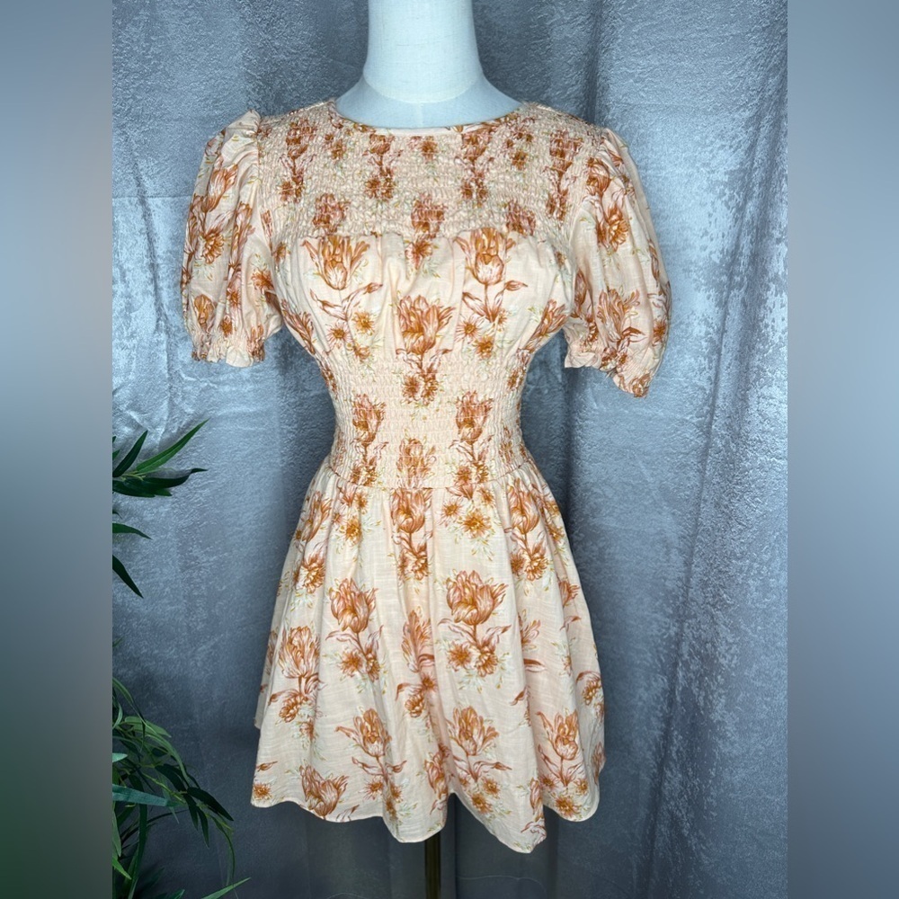 NEW Sabo Skirt Charlize Floral Puff Sleeve Mini Dress Pastel Orange Sz XS - Picture 3 of 13